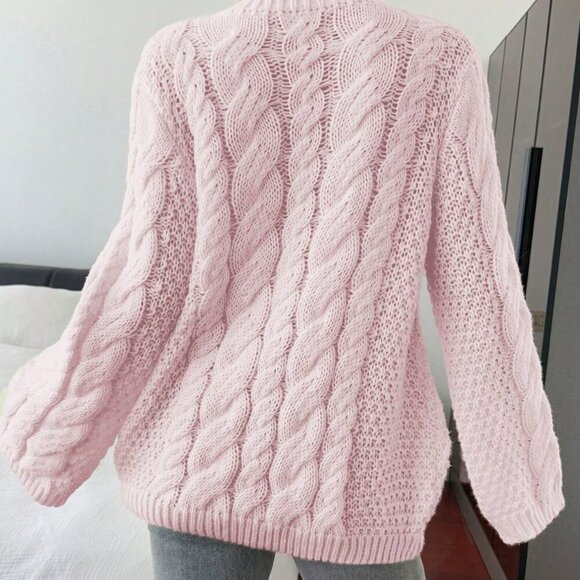 Pink Casual Women's Hemp Pattern Round Collar Wide Sleeve Long Sleeve Sweater - Picture 2 of 9